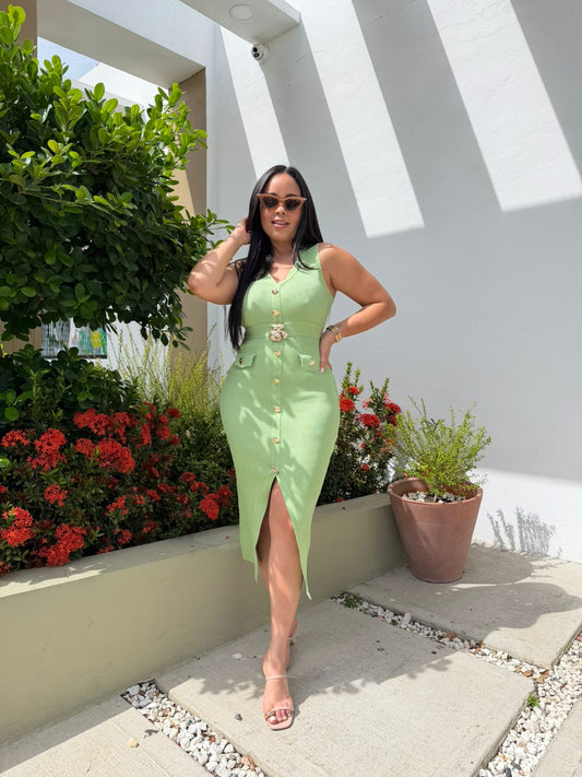 Midi Dress Tejido de Puntos con Detalles Dorados